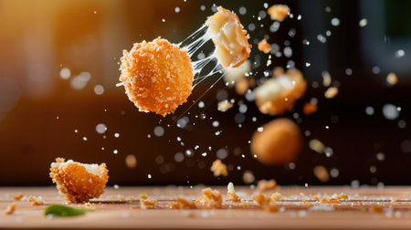 A delicious fried snack showcases its stretchy cheese pull in mid-air, highlighting the crispy texture against a softly blurred background, perfect for food enthusiasts.の素材
