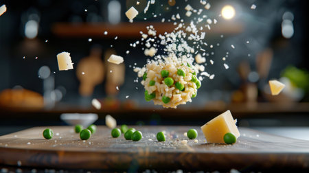 A captivating scene showcasing floating ingredients in motion, featuring fresh cheese and green peas artistically arranged on a wooden board.の素材