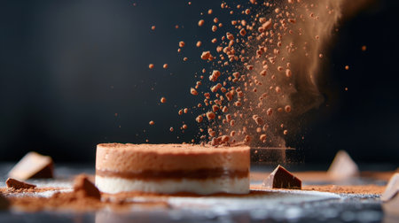 A delectable chocolate dessert featuring rich layers and a sprinkle of cocoa powder, artistically enhanced with chocolate pieces on a dark background.の素材