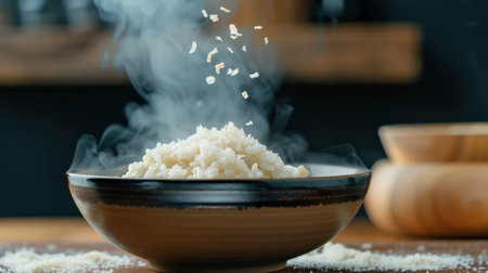 A steaming bowl of freshly cooked rice showcases its fluffy texture, enhancing the culinary experience against a dark background. Perfect for any meal.の素材
