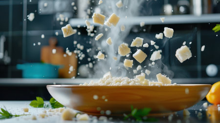 A stunning image showcasing fresh grated cheese lightly sprinkling over a wooden bowl, creating a beautiful culinary scene in a modern kitchen. Steam rises from the cheese, surrounded by fresh parsley and kitchen elements, inviting viewers to explore the joy of cooking.の素材