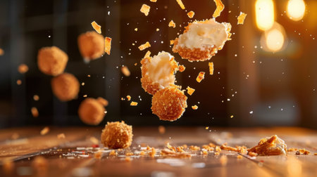A stunning capture of golden fried snacks floating mid-air, showcasing crispy breading and delicious textures, perfect for culinary inspiration and food photography.の素材