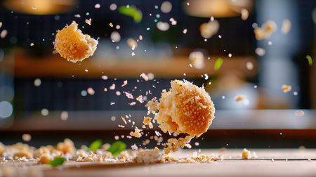 A captivating image of a bread roll breaking apart, sending crumbs and fresh ingredients soaring through the air, showcasing dynamic food artistry and culinary motion.の素材