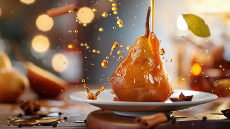 A beautifully styled image of a fresh pear drizzled with golden syrup, creating dynamic splash effects against a warm, inviting background, perfect for food lovers.の素材