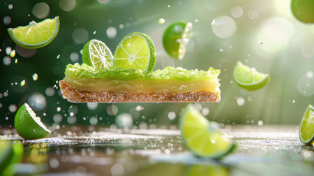 This captivating image features a lime dessert elegantly suspended in mid-air, surrounded by fresh citrus slices and sparkling bokeh, embodying freshness and creativity.の素材