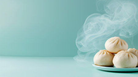 A beautifully arranged plate of soft, steaming buns set against a turquoise background, creating a warm and inviting atmosphere for culinary enthusiasts.の素材