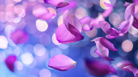 Delicate rose petals floating gracefully against a dreamy bokeh background. Shades of pink and purple enhance the romantic ambiance, perfect for various themes.の素材