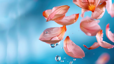A captivating image of pink flower petals floating effortlessly in water, adorned with sparkling dew drops against a soft blue background, evoking freshness and tranquility.の素材