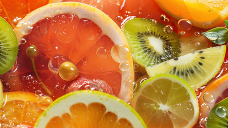 A vibrant assortment of fresh fruits including lemons, limes, kiwis, and oranges, submerged in a sparkling beverage, creates a refreshing, colorful display.の素材