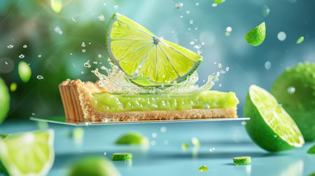 A mouthwatering slice of lime tart captured in mid-splash, showcasing vibrant colors and refreshing visuals perfect for culinary creativity.の素材