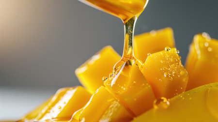 A stunning close-up captures juicy yellow mango slices being drizzled with golden honey, beautifully highlighting the textures and colors of fresh fruit.の素材