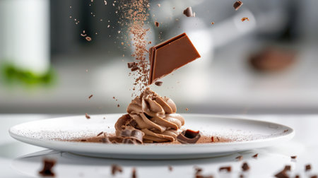 A stunning visual of a whipped chocolate dessert surrounded by flying chocolate pieces and cocoa dust, captured in a contemporary kitchen setting.の素材