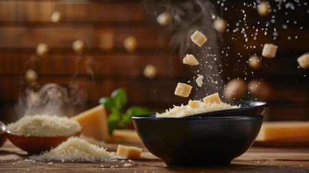 An artistic display of cheese cubes floating above a black bowl filled with rice, accompanied by steam and a rustic wooden backdrop perfect for food-themed projects.の素材