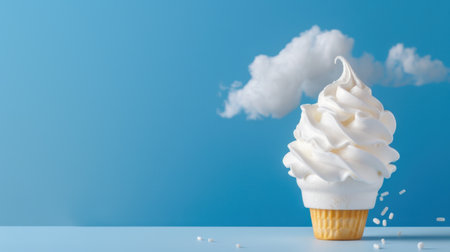 This delightful image features a whimsical soft serve ice cream cone topped with fluffy creamy swirls, set against a bright blue background with a fluffy cloud.の素材