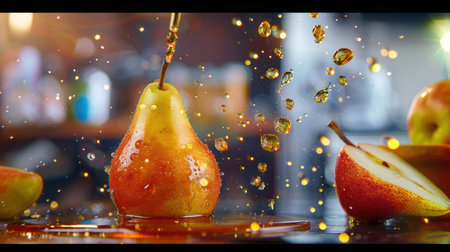 This image captures a fresh pear with glistening water droplets, creating an appetizing scene in a kitchen filled with vibrant colors and textures.の素材