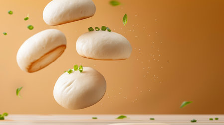 This captivating image showcases fluffy dumplings with green onions airborne against a warm orange backdrop, highlighting culinary artistry and flavor.の素材