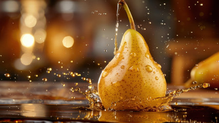 A close-up view of a ripe pear splashing in water, showcasing droplets and textures. The soft warm background enhances its freshness and appeal.の素材