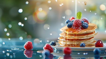 A vibrant and enticing breakfast scene featuring a stack of fluffy pancakes adorned with fresh berries and a drizzle of maple syrup, creating a delicious visual feast.の素材