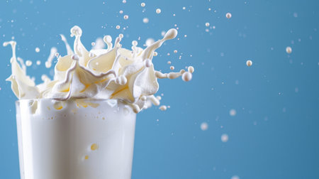 A striking image of milk splashing dramatically from a glass against a vibrant blue background. This captivating scene showcases the beauty and freshness of dairy in a dynamic composition.の素材