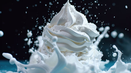 Captivating image showcasing a dynamic splash of whipped cream, set against a bold black background. Perfect for evoking sweetness and creativity.の素材