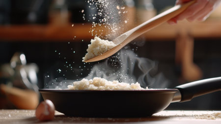 The image captures the art of cooking with a focused hand adding rice to a sizzling pan. Steam billows while grains float, creating a warm kitchen ambiance.の素材
