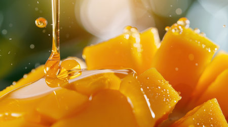 Close-up of ripe mango slices being drizzled with golden honey, set against a soft blurred background that enhances the vibrant colors and textures.の素材