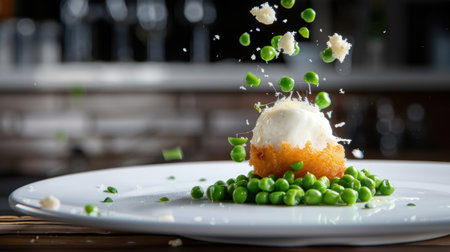 A visually stunning gourmet dish featuring a crispy base topped with creamy ice cream and surrounded by vibrant green peas, perfect for fine dining.の素材