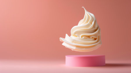 A visually stunning soft serve ice cream swirl floats elegantly on a pink platform, set against a soft pink background, showcasing indulgence and creativity.の素材