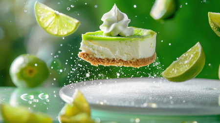 A stunning image of a creamy lime cheesecake slice topped with whipped cream, floating above a plate, surrounded by vibrant lime slices and zest.の素材
