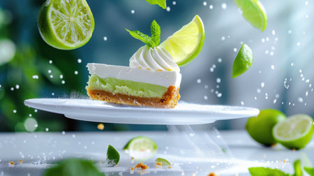 A visually appealing slice of creamy lime dessert garnished with fresh mint and lime on a plate. The scene captures a playful, fresh essence, ideal for summer.の素材