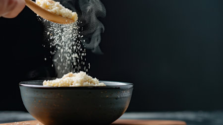 A close-up view of a hand sprinkling light, fluffy couscous into a dark bowl, with steam rising, creating a warm and inviting cooking atmosphere.の素材