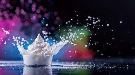 A dynamic splash of creamy dessert captures attention against a vibrant bokeh backdrop, creating a visually striking food photography piece.の素材