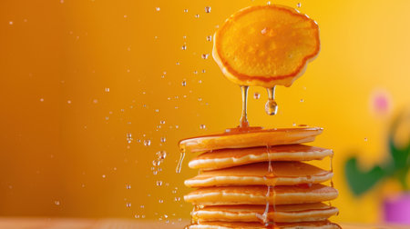 A vibrant stack of fluffy pancakes drizzled with golden honey, set against a bright orange backdrop, capturing the joy of a delicious breakfast or brunch.の素材