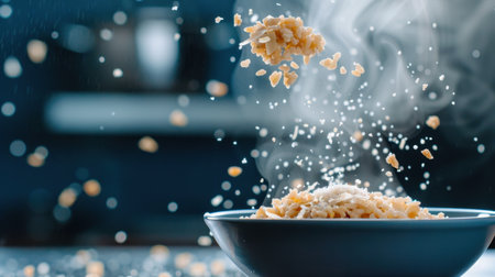 A captivating image showcasing steam rising from a bowl of freshly cooked grain, with tiny droplets suspended in the air, emphasizing warmth and comfort in a modern kitchen setting.の素材