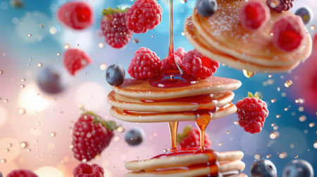 An eye-catching image of a mouth-watering stack of pancakes topped with fresh raspberries and blueberries, drizzled with golden maple syrup. Perfect for breakfast or brunch themes.の素材