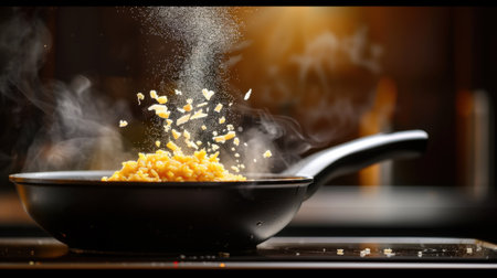 This dynamic cooking scene captures the essence of culinary preparation as ingredients sizzle in a frying pan, releasing steam and aroma.の素材