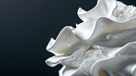 Close-up view of creamy whipped topping displaying soft peaks and a velvety texture, perfect for desserts and beverages against a dark background.の素材