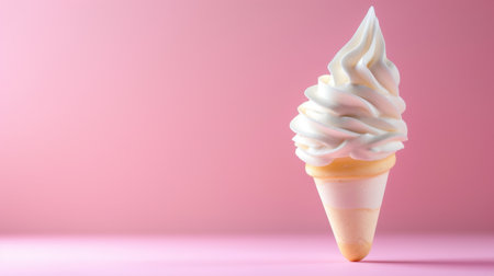 A tempting soft serve ice cream cone topped with fluffy whipped cream stands against a vibrant pink background, perfect for showcasing summer indulgence.の素材