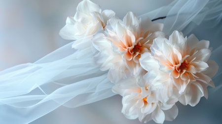 Discover an elegant floral arrangement featuring soft peach and white blooms delicately draped against a whispering fabric background, conveying beauty and tranquility.の素材