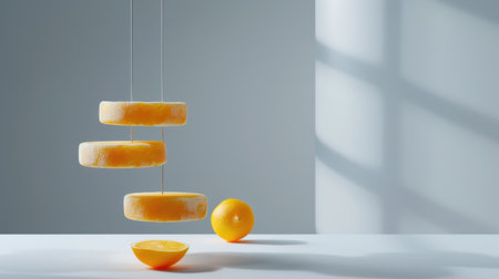 A visually captivating arrangement featuring hanging orange slices and whole oranges, casting interesting shadows against a minimalist background.の素材