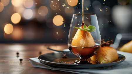 This elegant dessert features a poached pear drizzled with caramel sauce, presented in a glass with fresh herbs, set against a warm bokeh background.の素材