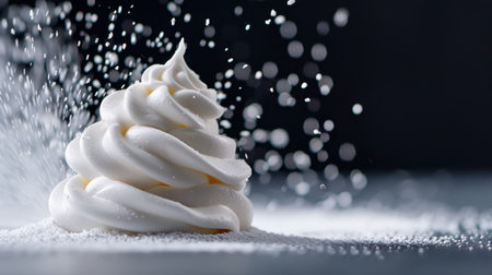 A beautifully styled whipped cream swirl sits atop a smooth surface, elegantly dusted with sugar sprinkles, capturing the essence of culinary artistry.の素材