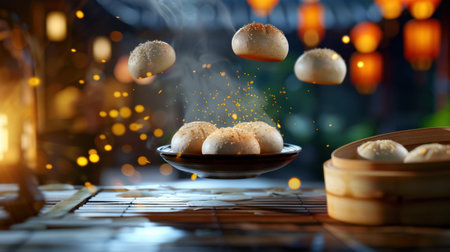 This enticing image showcases floating dumplings amidst gentle steam, illuminated by glowing lanterns, evoking a warm atmosphere perfect for culinary delight.の素材