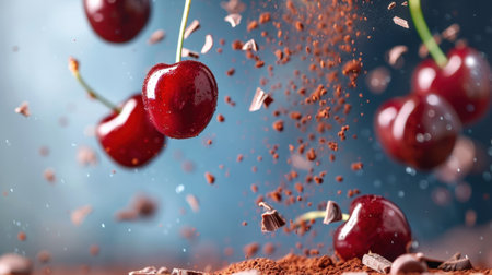 A visually striking image capturing fresh cherries gracefully falling through cocoa powder and chocolate pieces, set against a vivid blue background, perfect for culinary themes.の素材