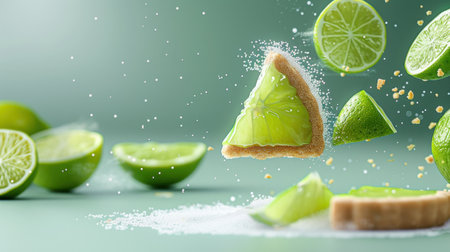 A captivating close-up image featuring vibrant lime slices and a slice of green pie sprinkled with sugar on a soft green background, evoking freshness and summer delight.の素材