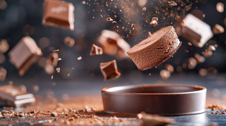 A captivating scene featuring a floating chocolate mousse dessert surrounded by scattered chocolate pieces and dust, evoking a sense of indulgence and culinary artistry.の素材