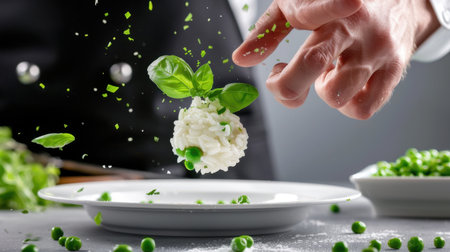 A chef's hand expertly sprinkles fresh basil and green peas over a beautifully plated dish, showcasing culinary artistry and vibrant ingredients in a modern kitchen.の素材