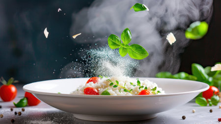 A beautifully arranged plate of freshly prepared risotto featuring vibrant red tomatoes and fresh basil leaves, garnished with a sprinkle of cheese. Steam rises, enhancing the appetizing allure of this gourmet dish, perfect for culinary enthusiasts.の素材