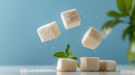 Dynamic image of floating sugar cubes alongside a fresh mint leaf, set against a serene blue background, creating a refreshing kitchen atmosphere.の素材