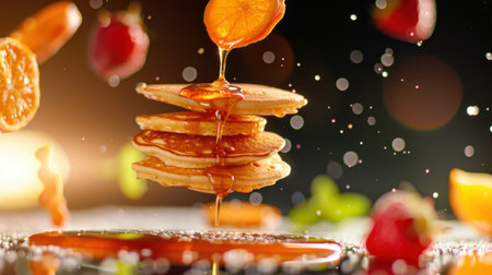 This enticing image showcases a stack of fluffy pancakes drizzled with syrup, surrounded by vibrant fresh fruits, creating a delightful breakfast scene.の素材